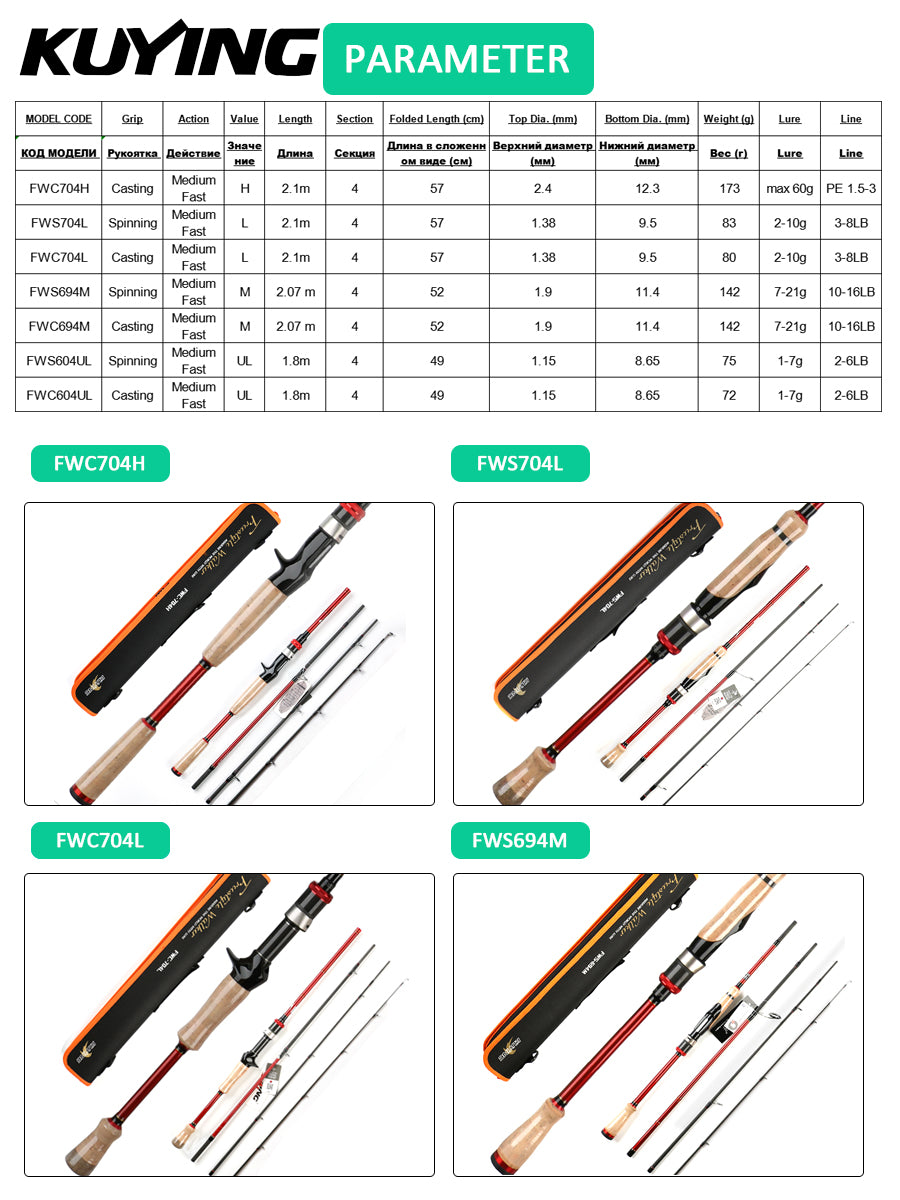 KUYING FREESTYLE WALKER 4 Sections 6‘ 6’9“ 7‘ Lure Fishing Rod Mini Pocket Travel Pole Spinning Casting FUJI Carbon UL M L H