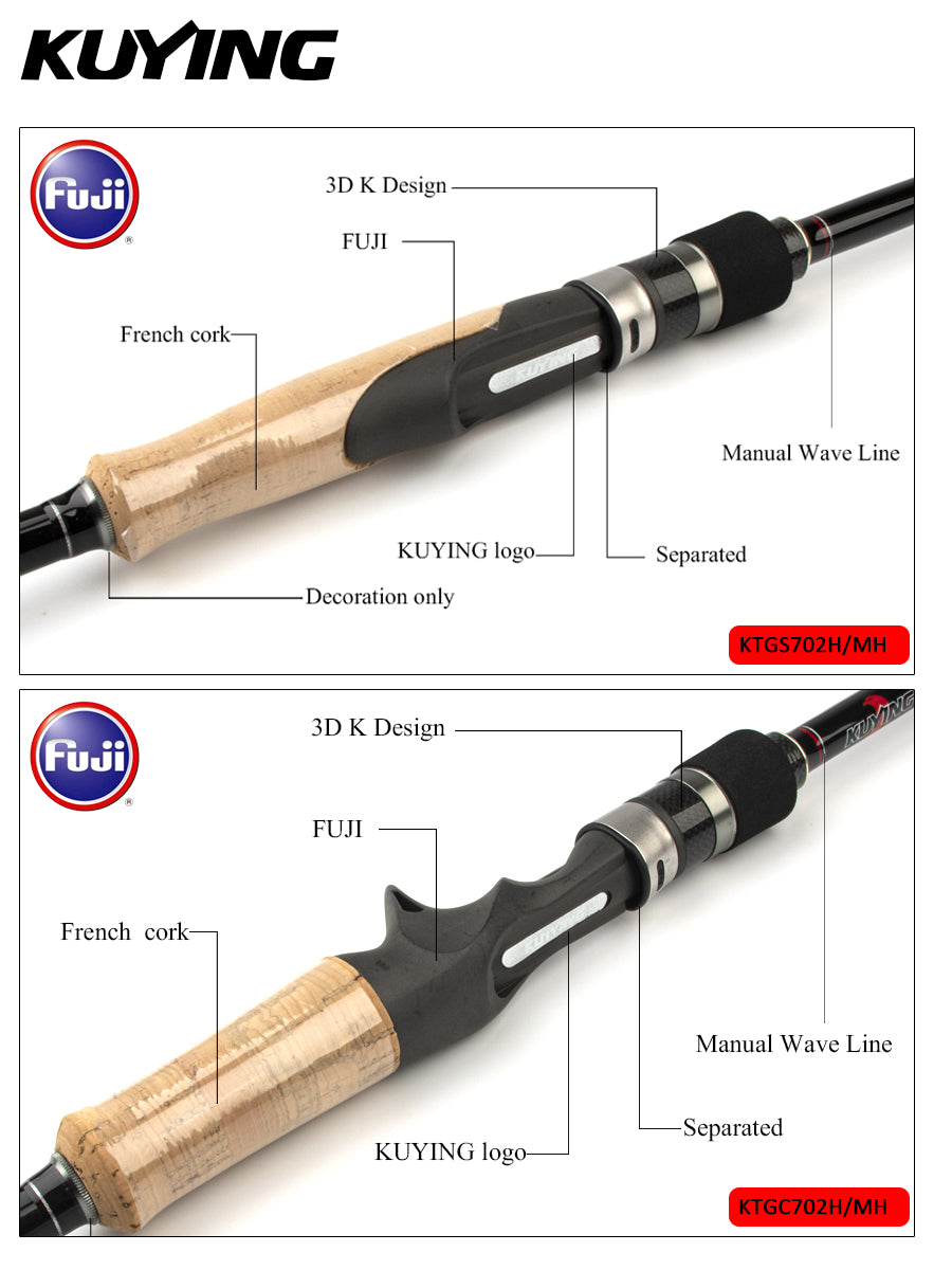 KUYING TOURNAMENT GRADE 7' Double Tips M MH Fishing Lure Rod Snake Head Fish Casting Spinning Carbon FUJI Medium Fast